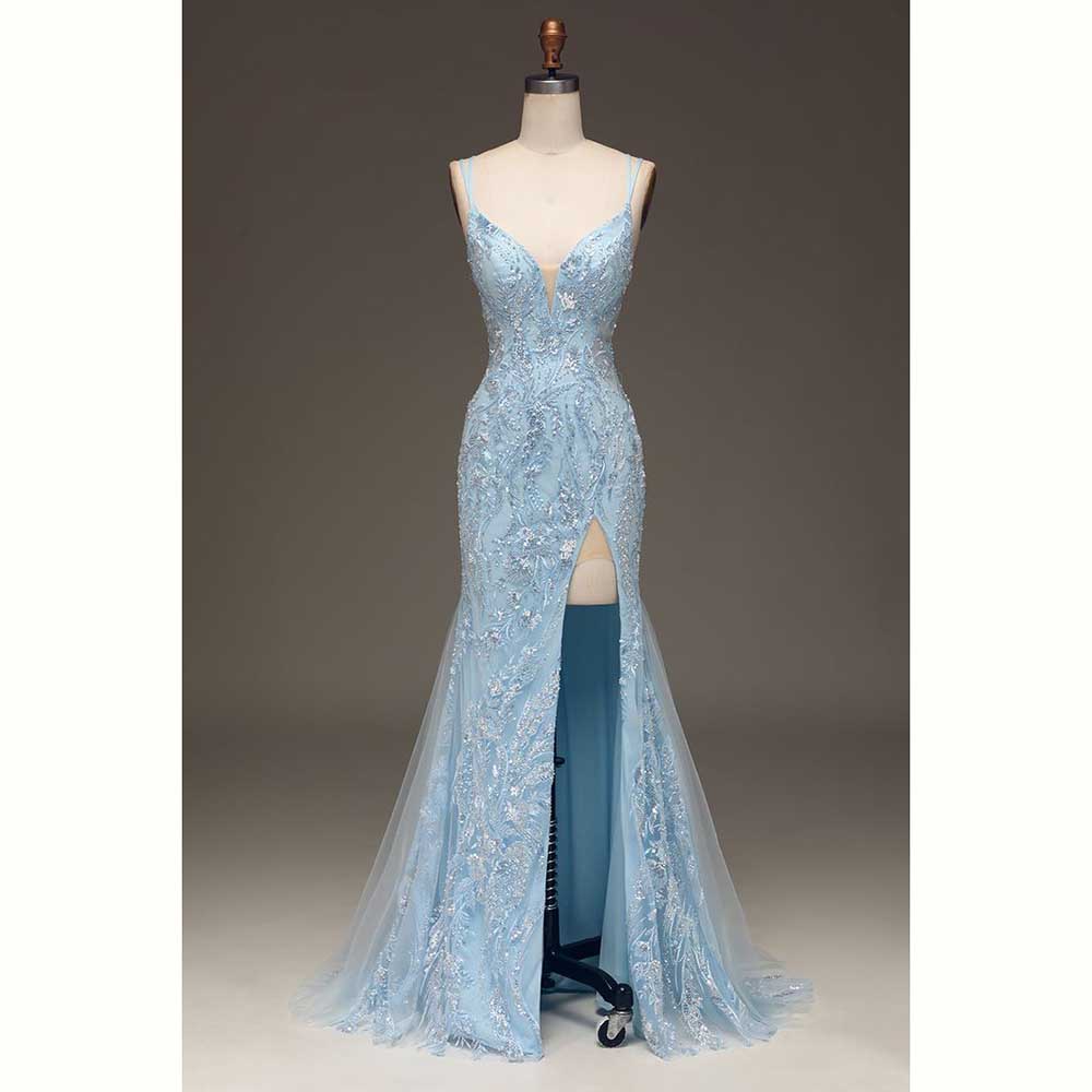 Elegant Light Blue Satin Women - огляд і ціна Elegant Satin Evening Gown Split