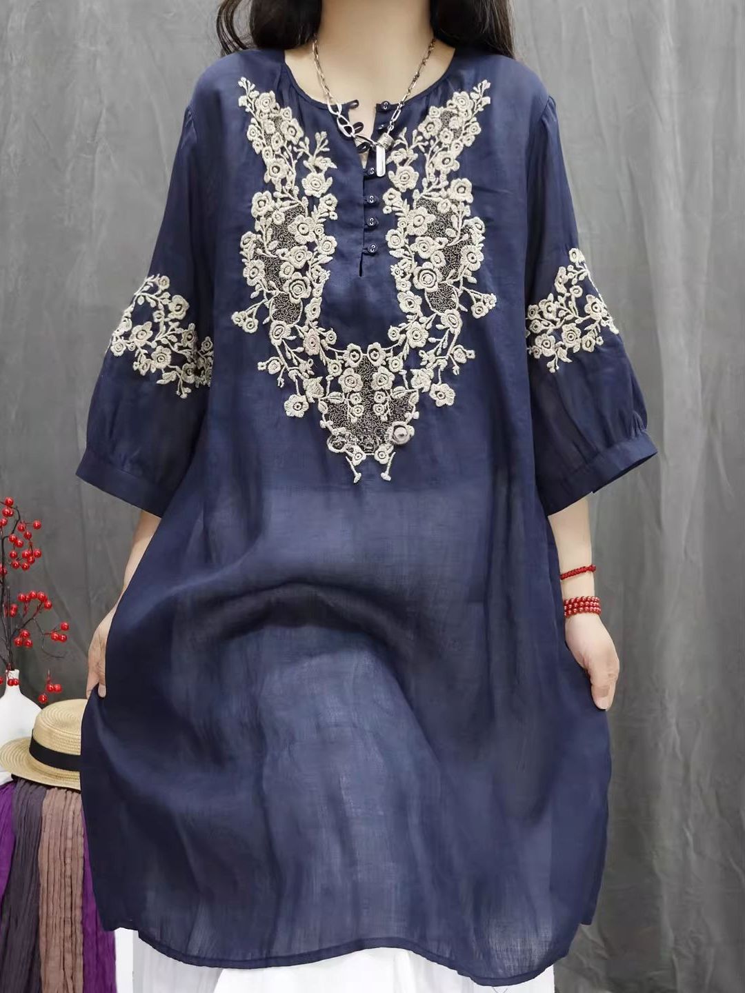 Retro Cotton Linen Embroidered - огляд і ціна Casual Loose Linen Shirt Dress