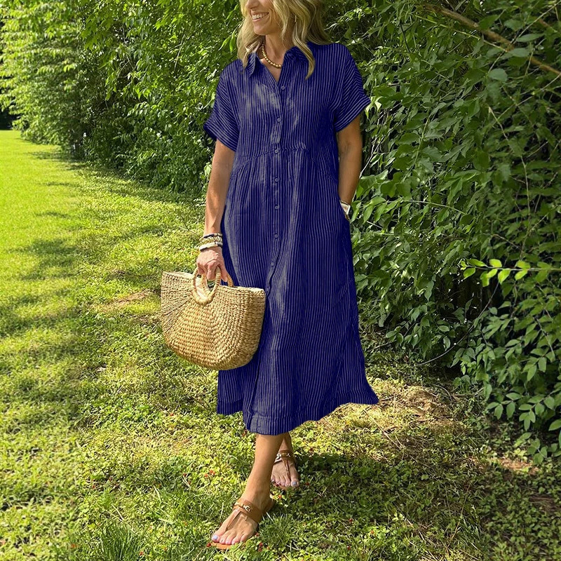 Women Striped Shirt Dress Summ - огляд і ціна Casual Loose Linen Shirt Dress