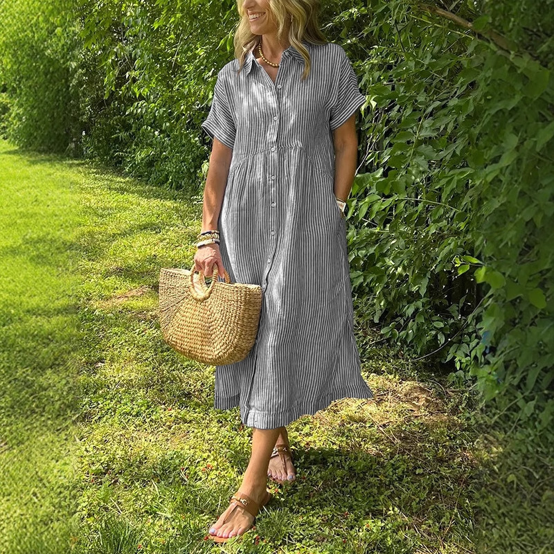 Women Striped Shirt Dress Summ - огляд і ціна Casual Loose Linen Shirt Dress
